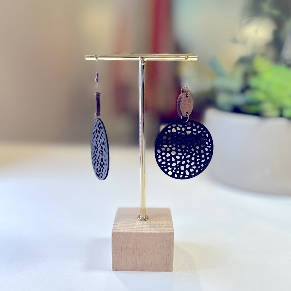 Cut-Out Leather and Wood Earrings